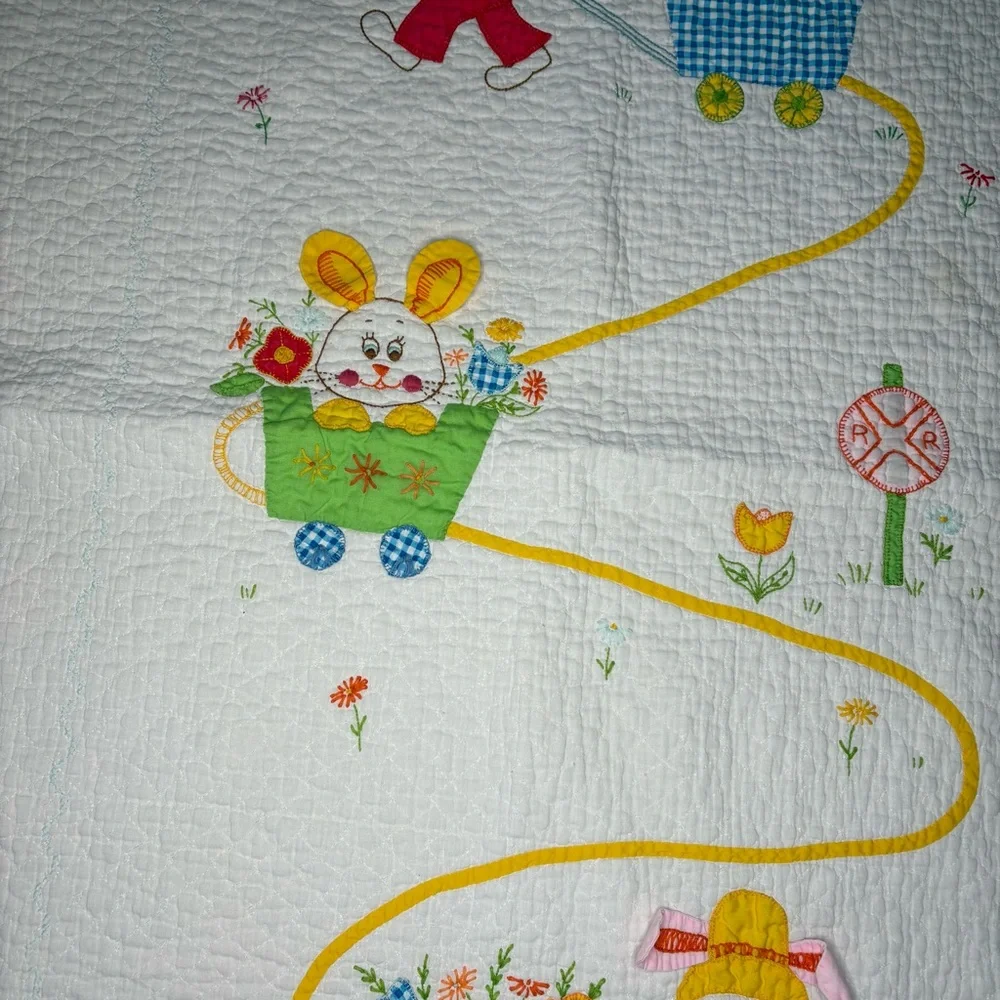 Vintage‎ Bunny Rabbit Baby Blanket Crib Hand Embroidered 55.5x34 3D Ears Easter